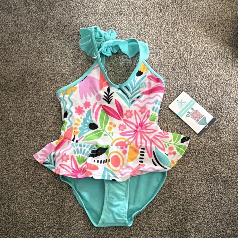 Xhilaration Girls Floral Halter Ruffle One-Piece Swimsuit Size 6/7 NWT A4